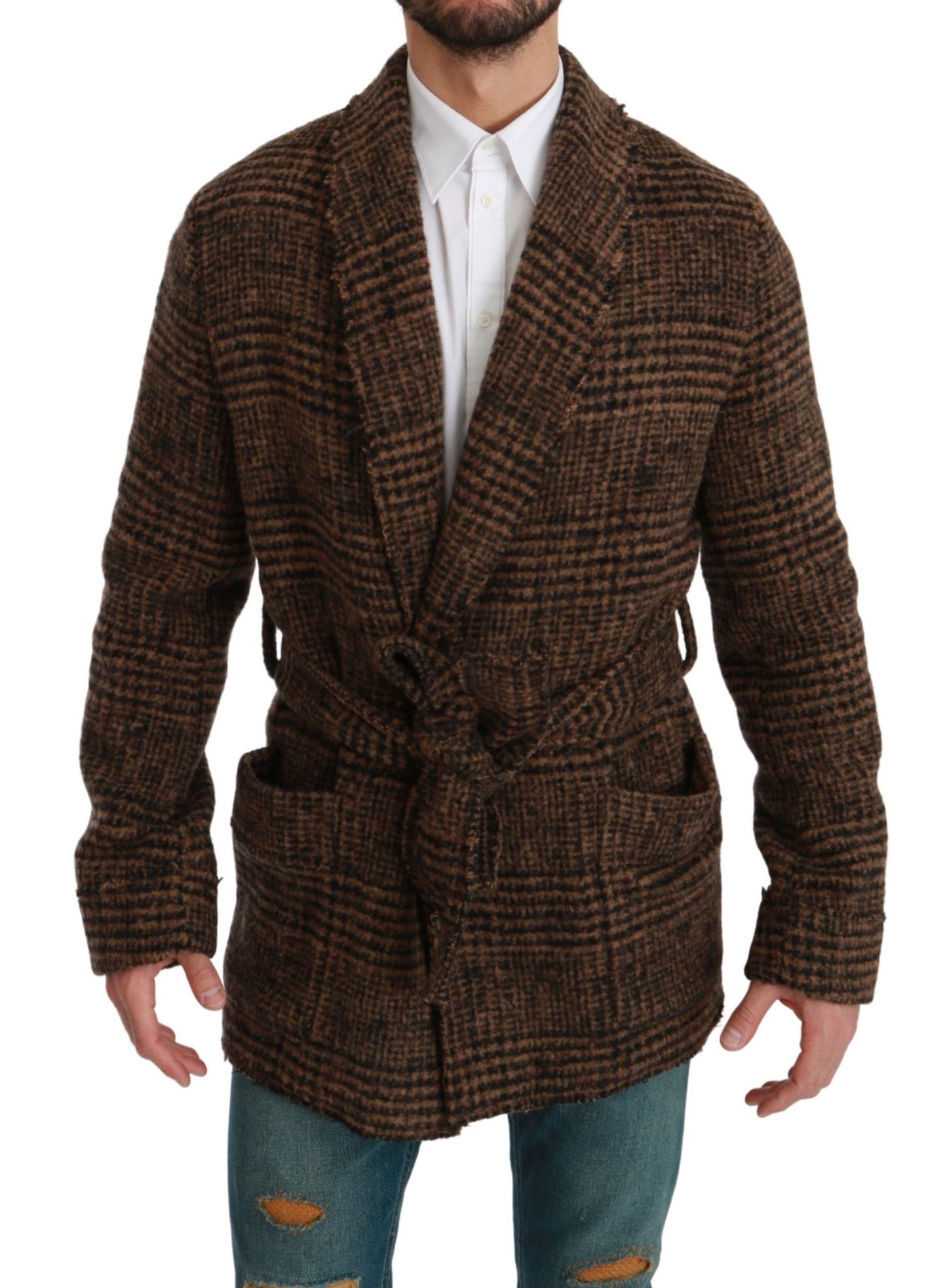 Dolce & Gabbana Brown Checkered Wool Robe Coat  Wrap Jacket