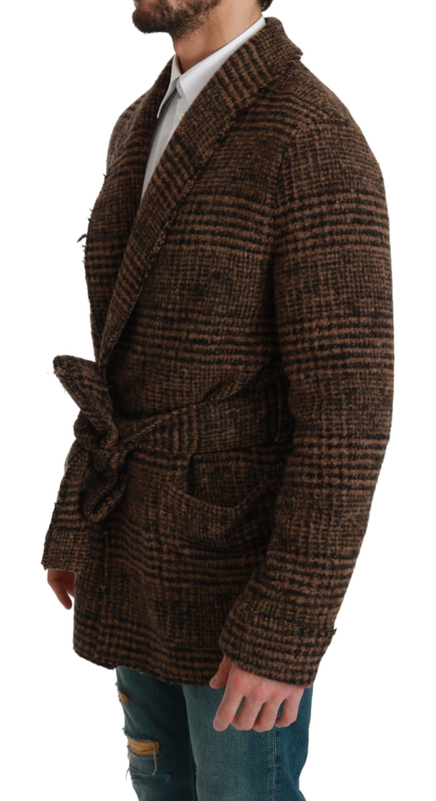 Dolce & Gabbana Brown Checkered Wool Robe Coat  Wrap Jacket