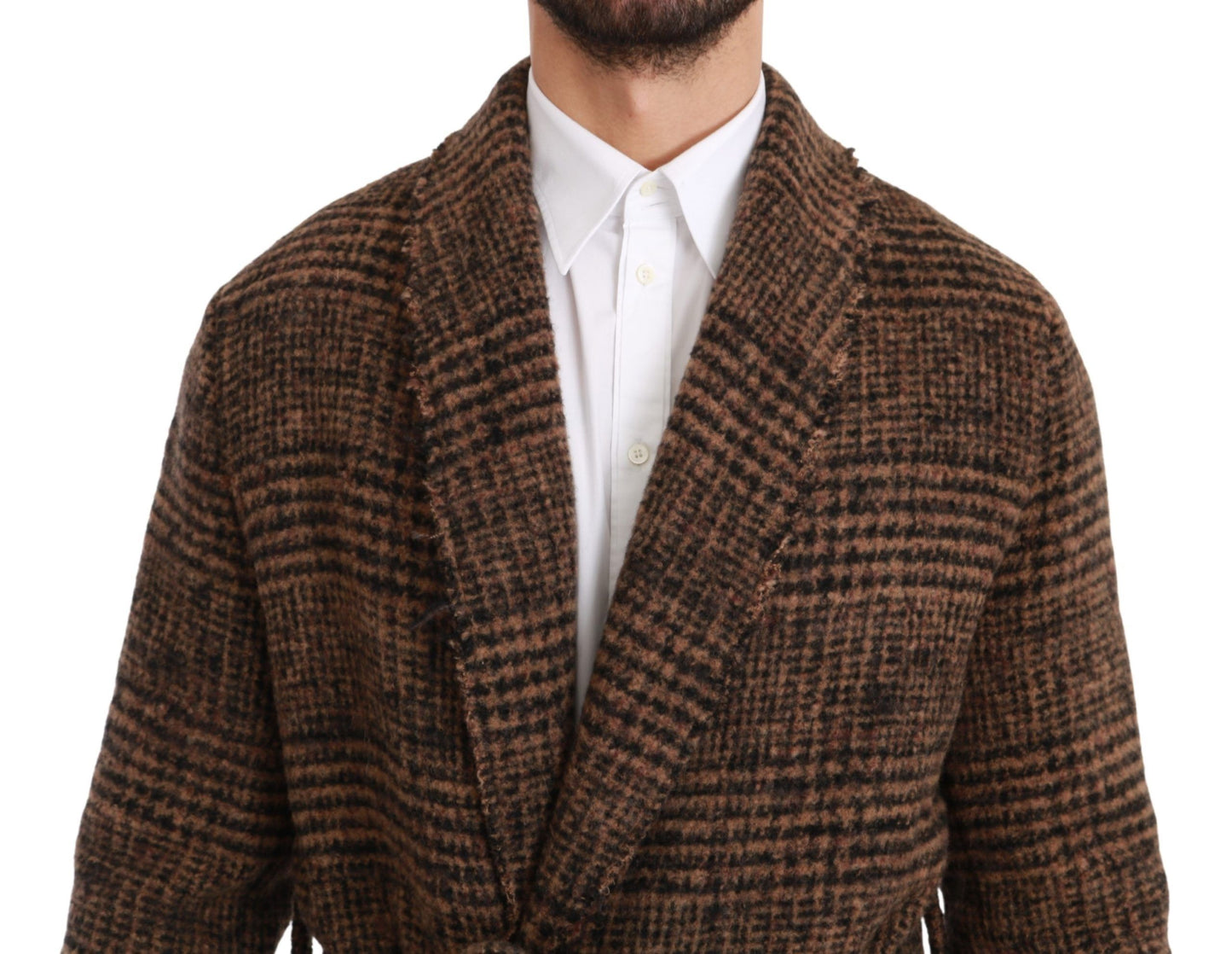 Dolce & Gabbana Brown Checkered Wool Robe Coat  Wrap Jacket