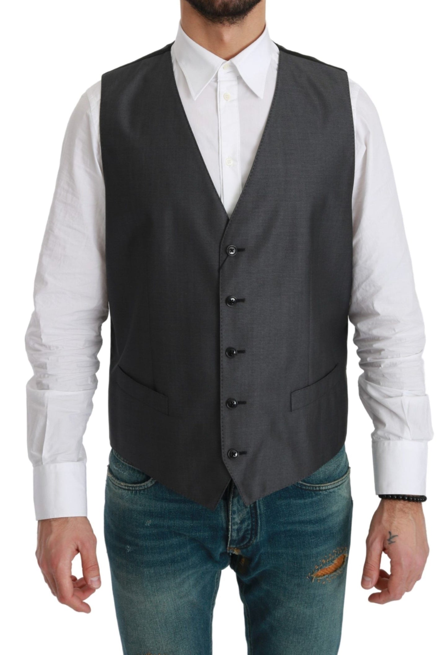 Dolce & Gabbana Gray Waistcoat Formal Stretch Wool Vest