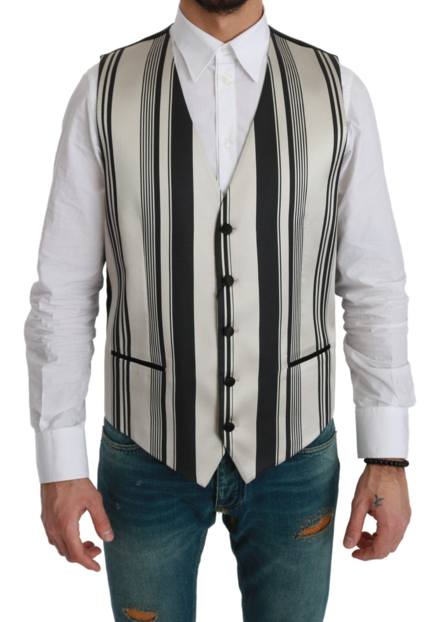 Dolce & Gabbana White Black Stripes Waistcoat Formal Vest