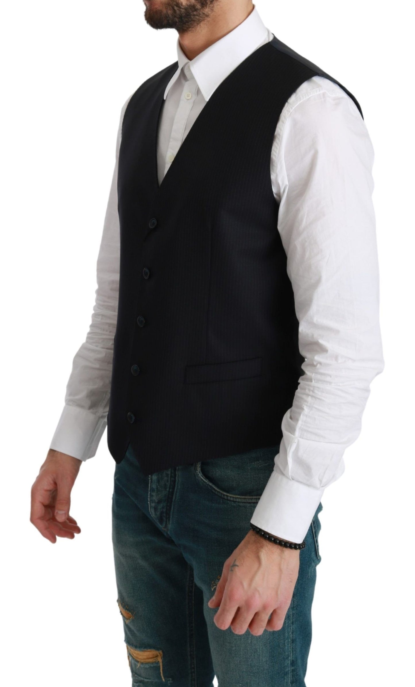 Dolce & Gabbana Blue Waistcoat Formal Stretch Wool Vest