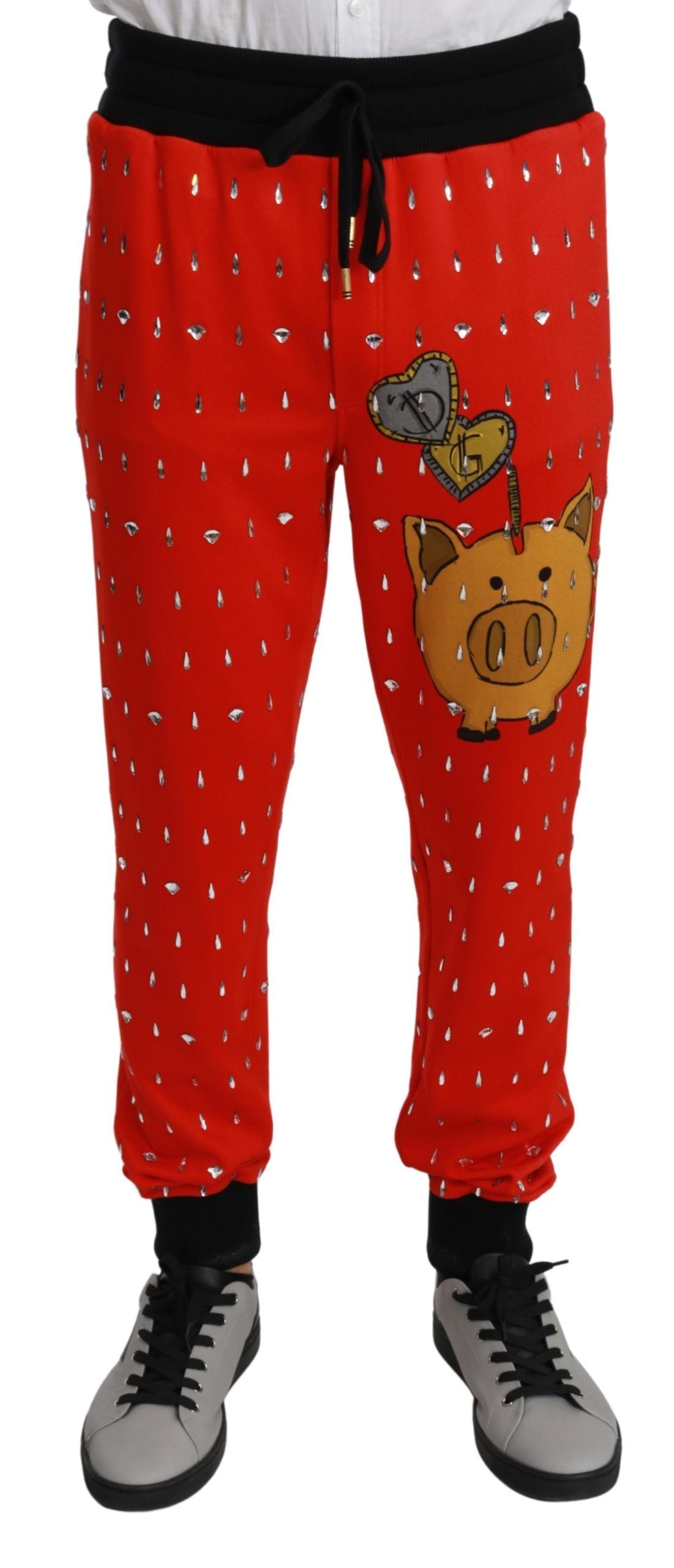 Dolce & Gabbana Red Piggy Bank Cotton Crystal Trousers Pants