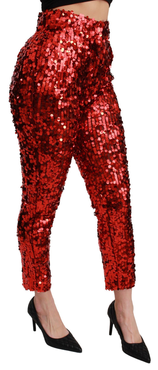 Dolce & Gabbana Red Sequined Cropped Trousers Pants