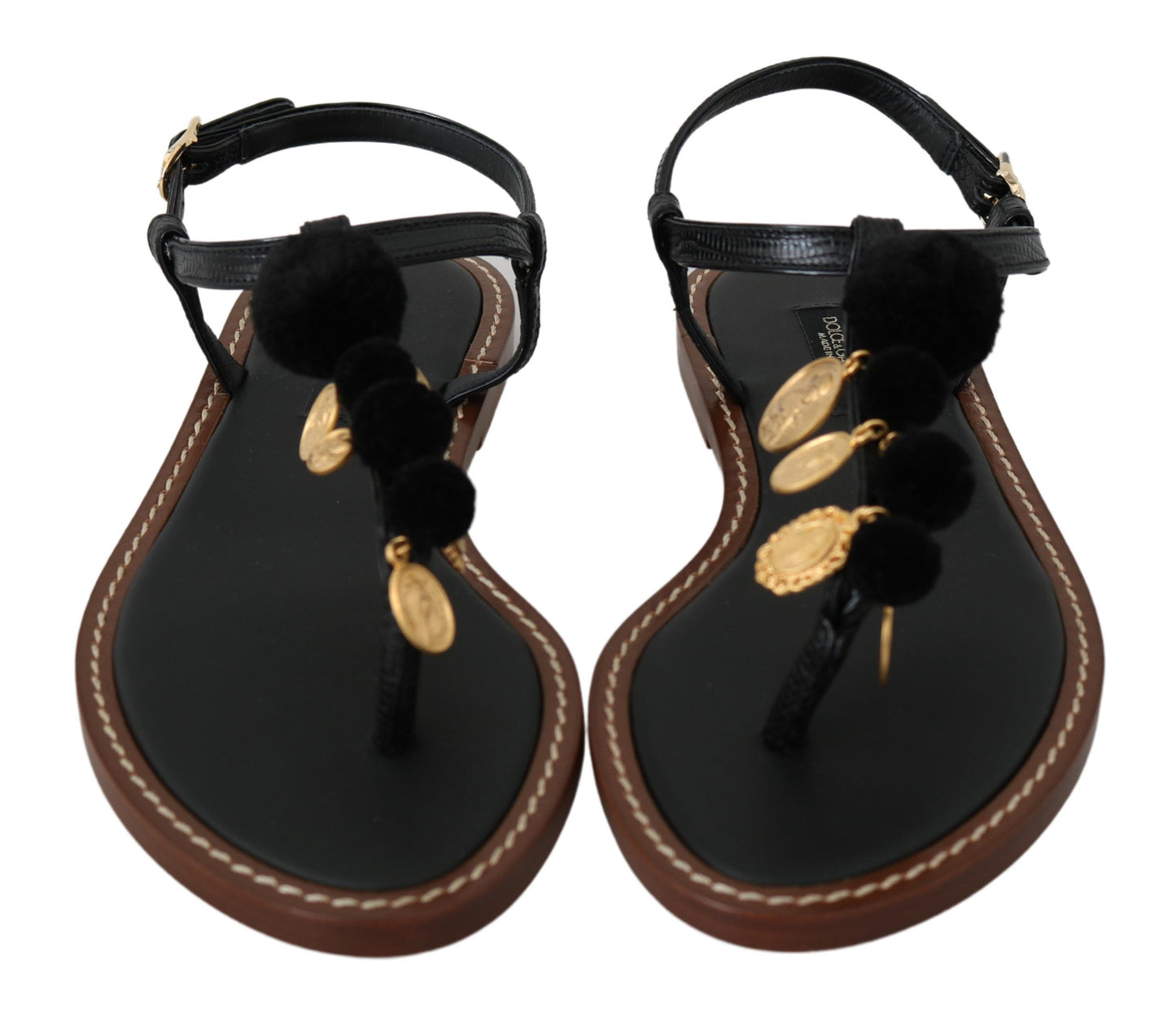 Dolce & Gabbana Black Leather Coins Flip Flops Sandals Shoes