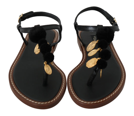 Dolce & Gabbana Black Leather Coins Flip Flops Sandals Shoes