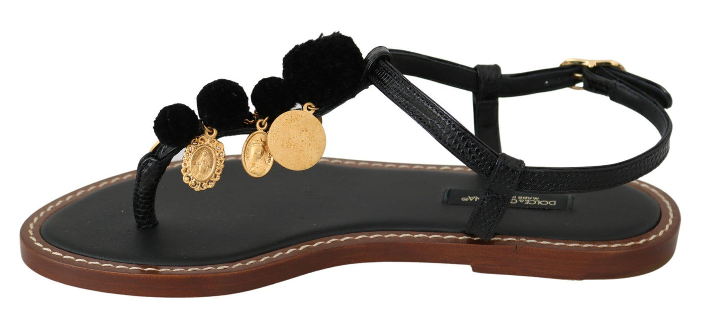 Dolce & Gabbana Black Leather Coins Flip Flops Sandals Shoes