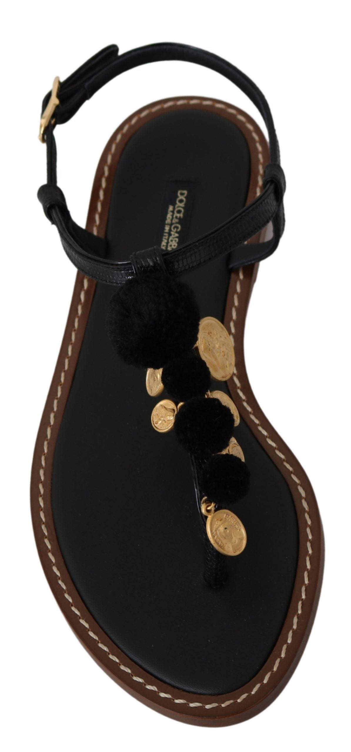 Dolce & Gabbana Black Leather Coins Flip Flops Sandals Shoes