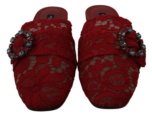 Dolce & Gabbana Red Lace Crystal Slide On Flats Shoes