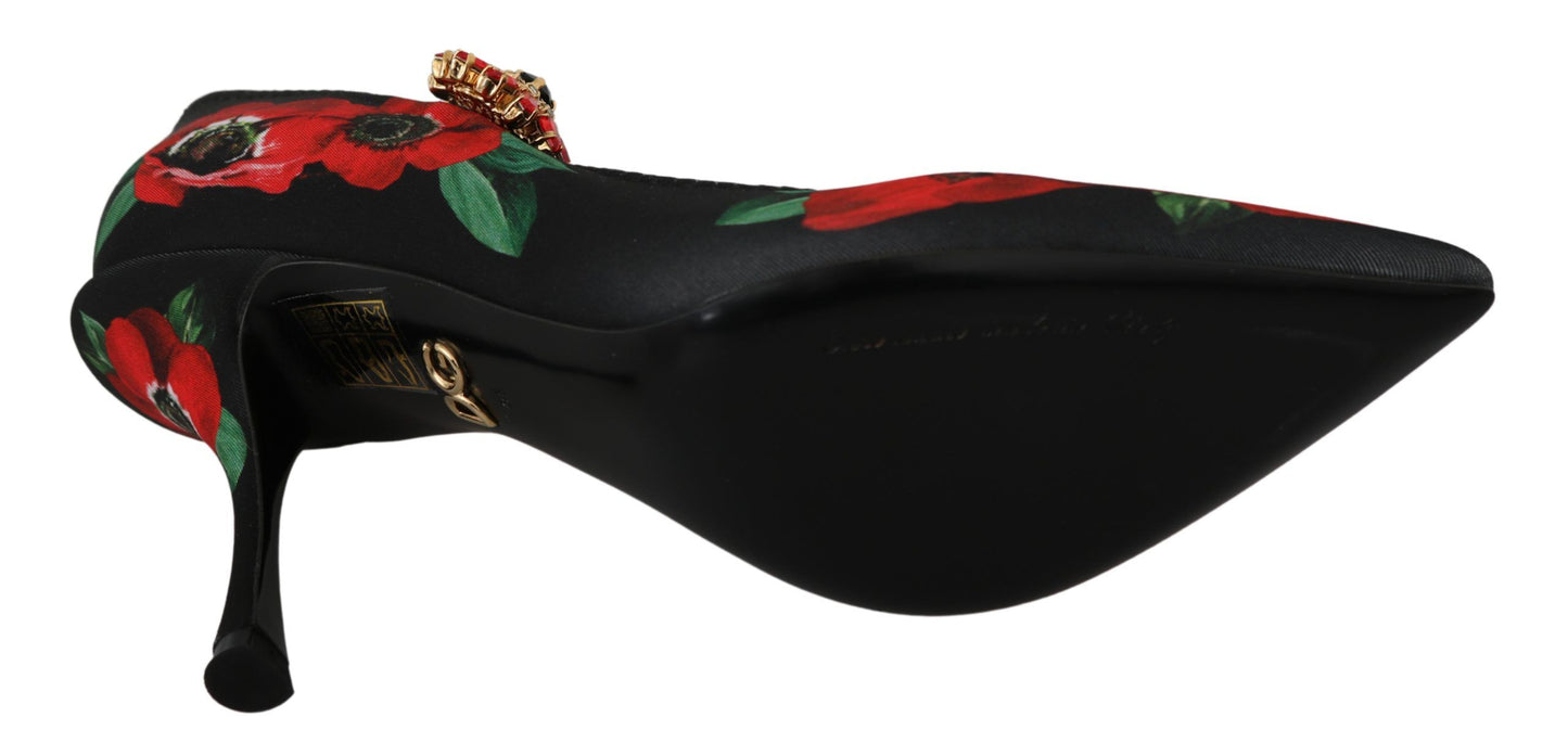 Dolce & Gabbana Black Red Floral Mary Janes Pumps Shoes