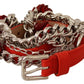 Dolce & Gabbana Red Leather Roses Floral Silver Waist Belt