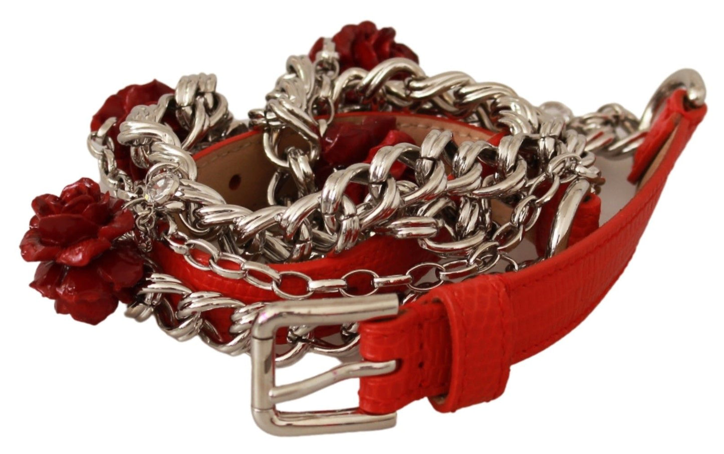 Dolce & Gabbana Red Leather Roses Floral Silver Waist Belt