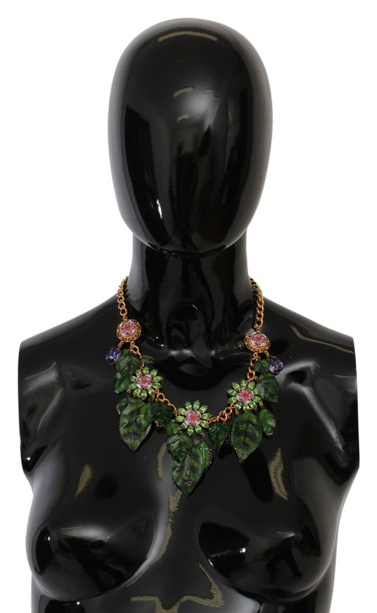 Dolce & Gabbana Floral Crystal Charm Gold Brass Statement Necklace