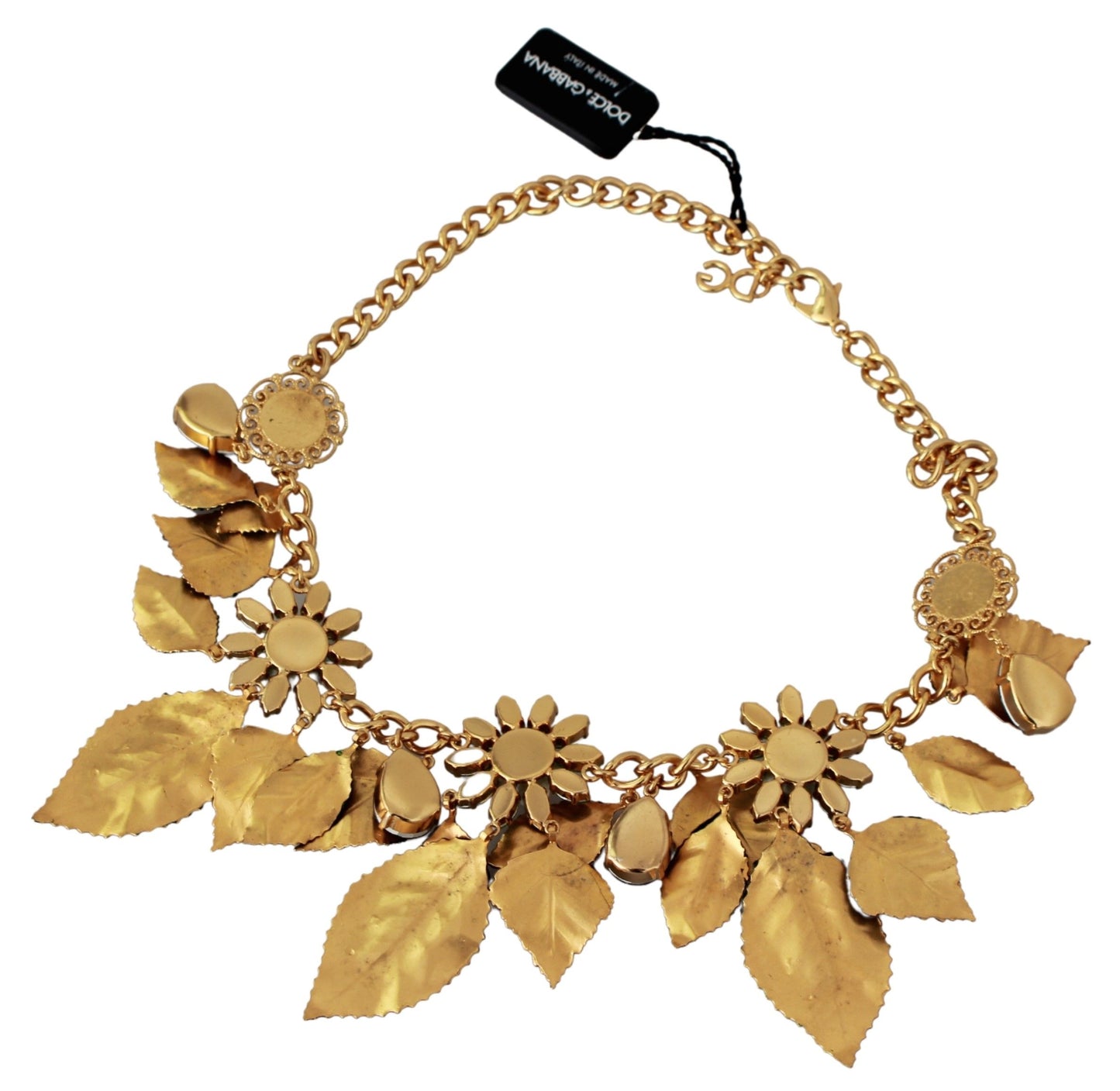 Dolce & Gabbana Floral Crystal Charm Gold Brass Statement Necklace