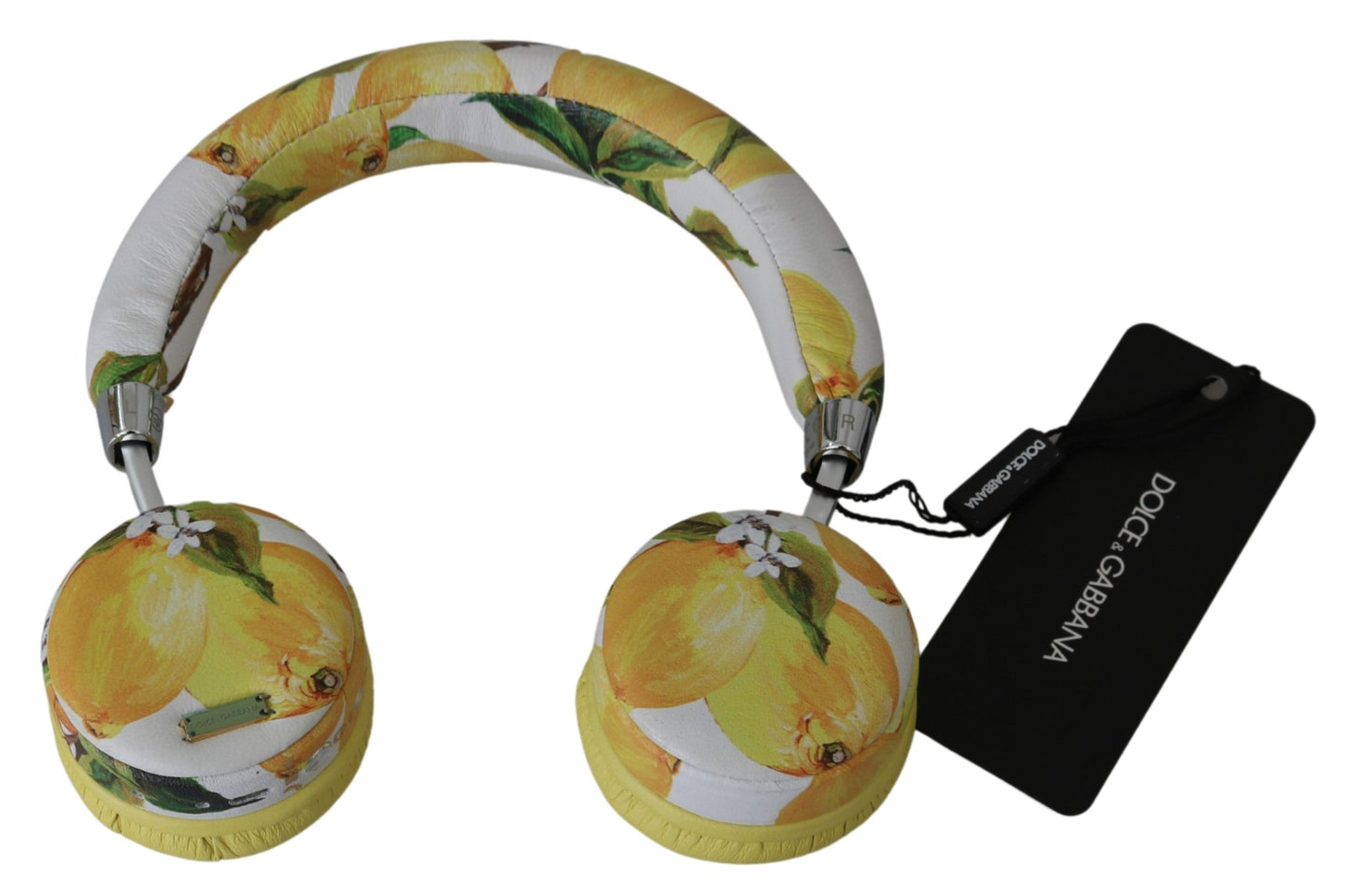 Dolce & Gabbana Yellow White Lemon Print Leather Headphones