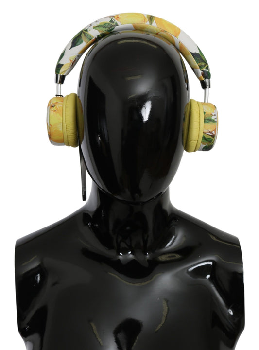 Dolce & Gabbana Yellow White Lemon Print Leather Headphones