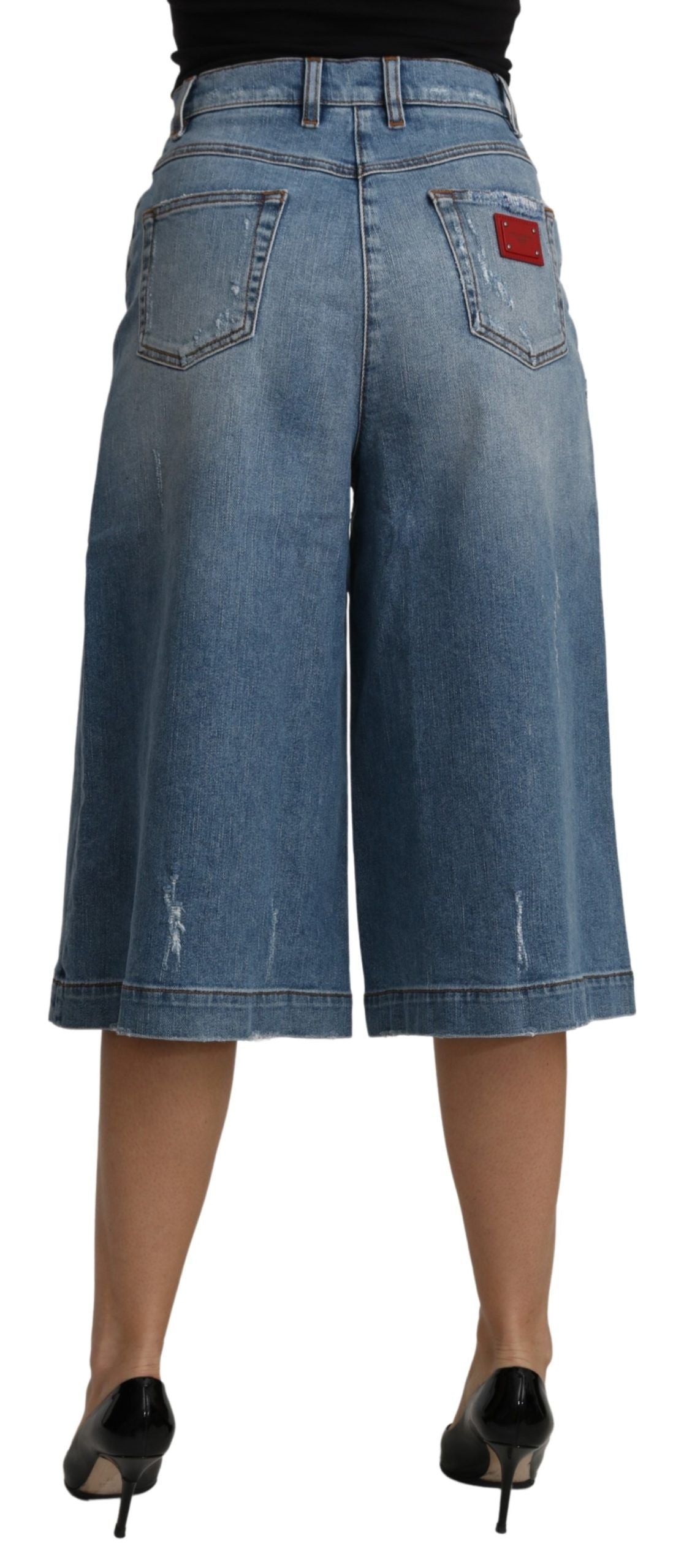 Dolce & Gabbana Blue Wide Leg Cropped Mid Waist Cotton Jeans