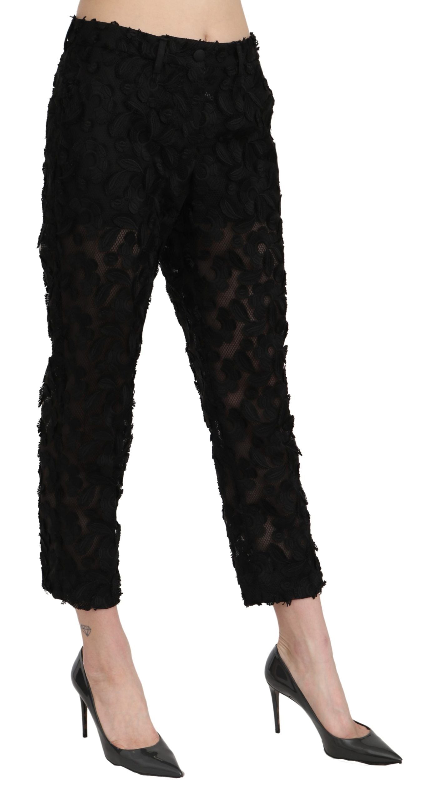 Dolce & Gabbana Black Lace Straight Cropped High Waist Pants