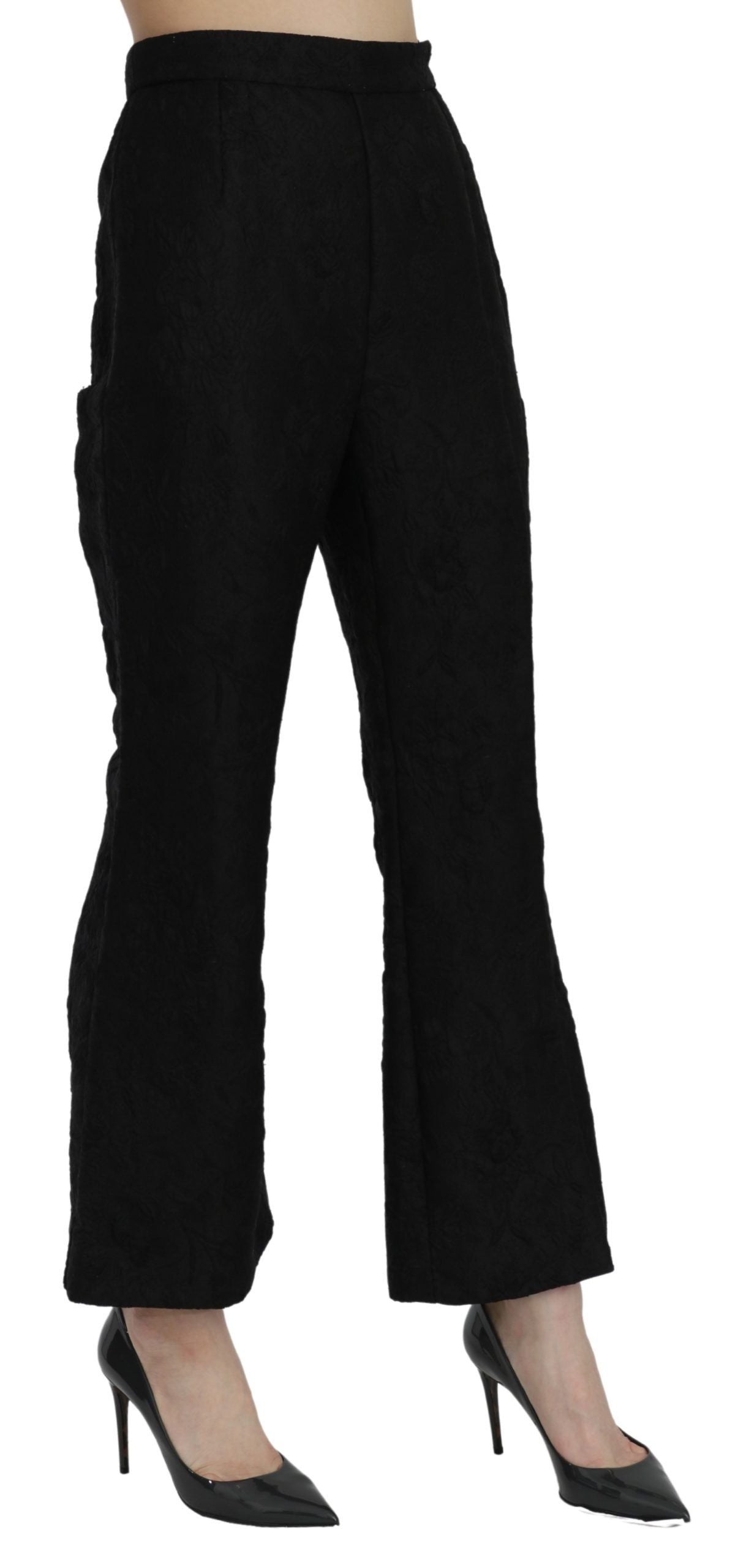 Dolce & Gabbana Black High Waist Flared Cropped Brocade Pants