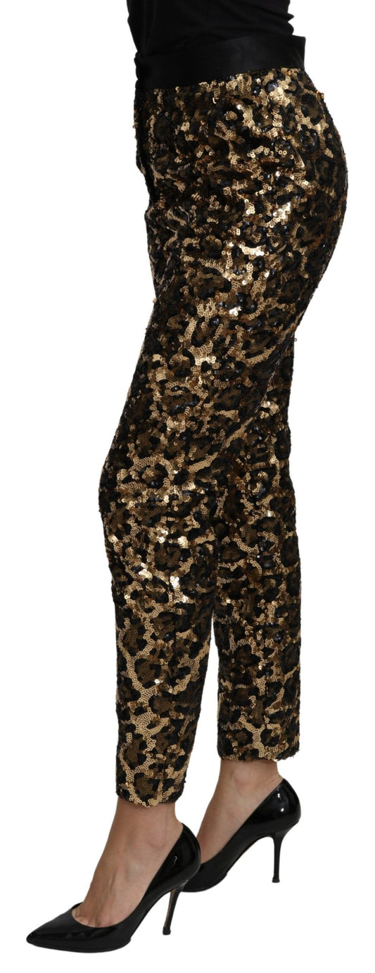 Dolce & Gabbana Gold Brown Leopard Sequined High Waist Pants