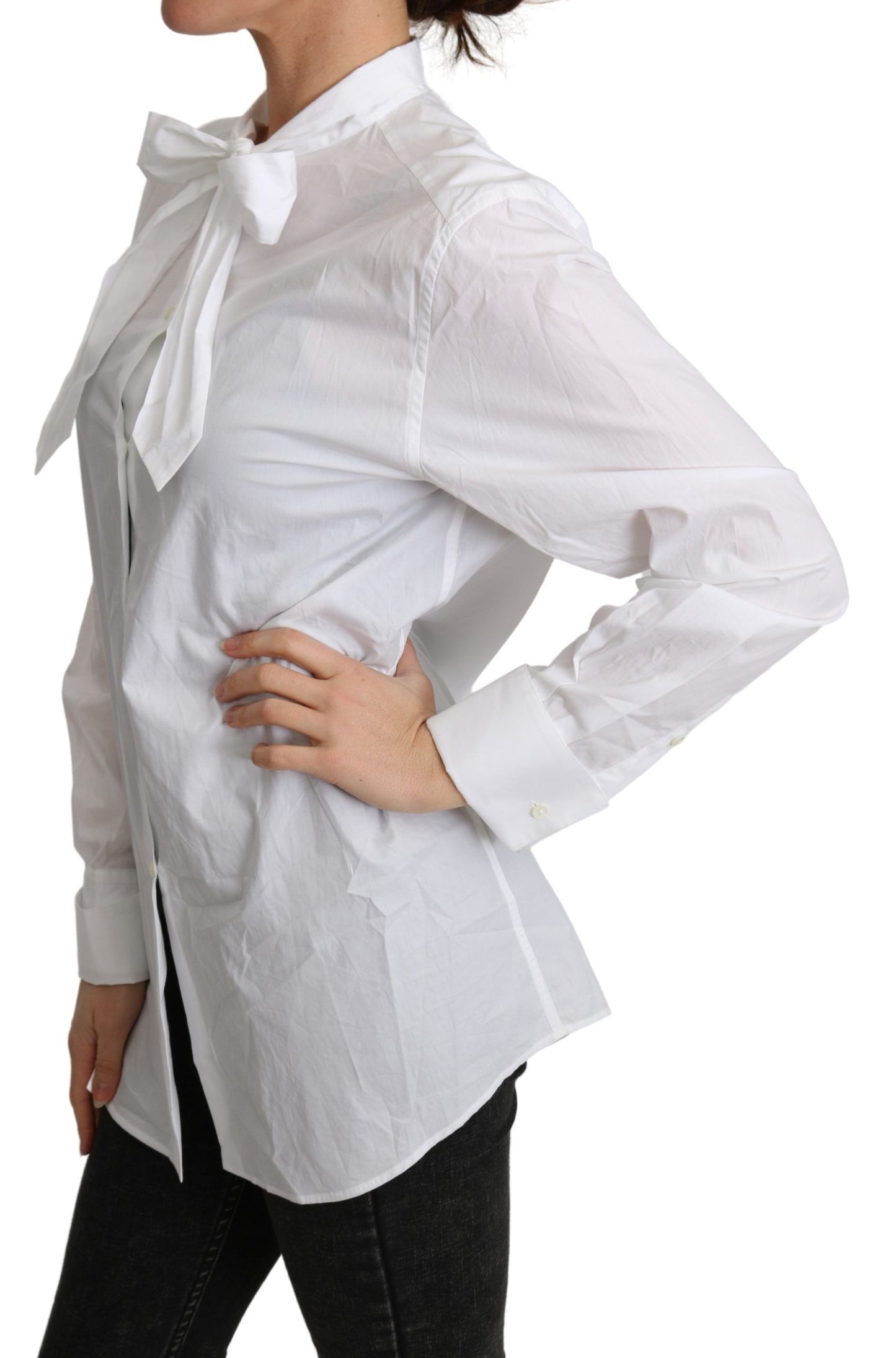 Dolce & Gabbana Cotton White Scarf Neck Shirt Blouse Top