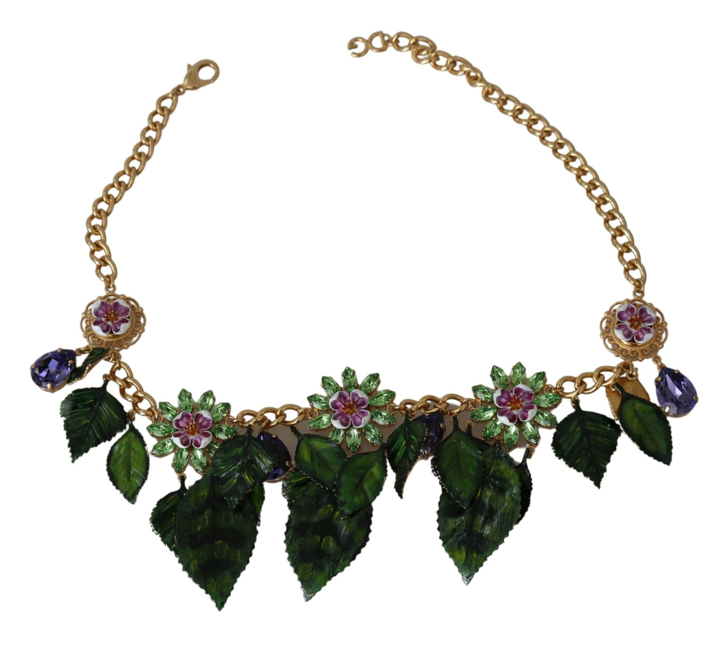 Dolce & Gabbana Green Leaves Gold Brass Crystal Flower Pendant Necklace