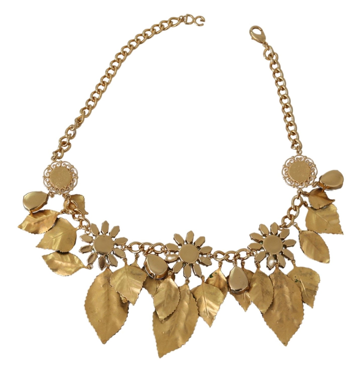 Dolce & Gabbana Green Leaves Gold Brass Crystal Flower Pendant Necklace