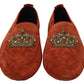 Dolce & Gabbana Orange Leather Moccasins Crystal Crown Slippers Shoes