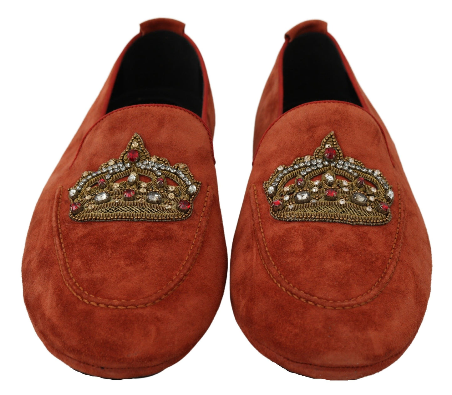 Dolce & Gabbana Orange Leather Moccasins Crystal Crown Slippers Shoes