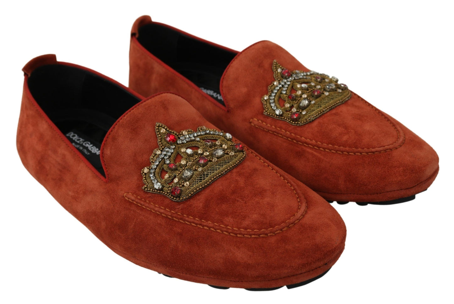 Dolce & Gabbana Orange Leather Moccasins Crystal Crown Slippers Shoes