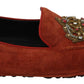 Dolce & Gabbana Orange Leather Moccasins Crystal Crown Slippers Shoes