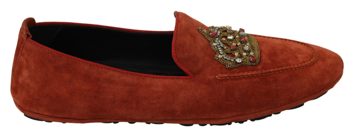 Dolce & Gabbana Orange Leather Moccasins Crystal Crown Slippers Shoes