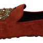 Dolce & Gabbana Orange Leather Moccasins Crystal Crown Slippers Shoes