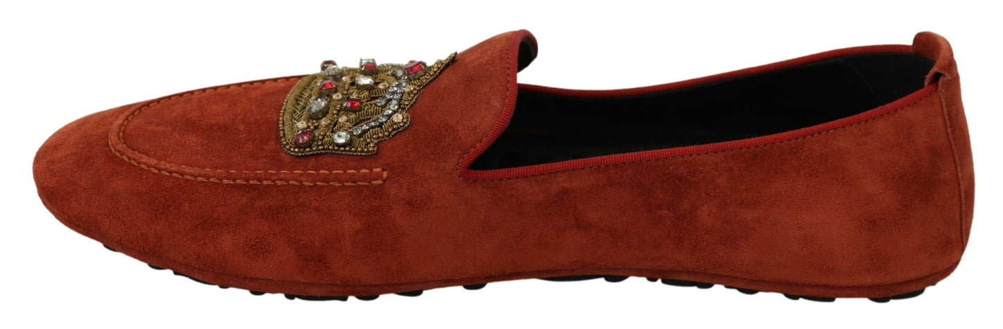 Dolce & Gabbana Orange Leather Moccasins Crystal Crown Slippers Shoes