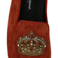 Dolce & Gabbana Orange Leather Moccasins Crystal Crown Slippers Shoes