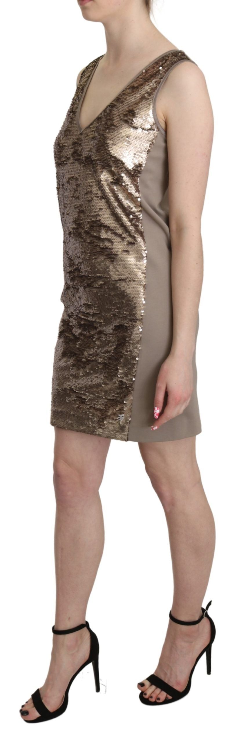 Liu Jo Brown Sequined V-neck Sleeveless Sheath Mini Dress