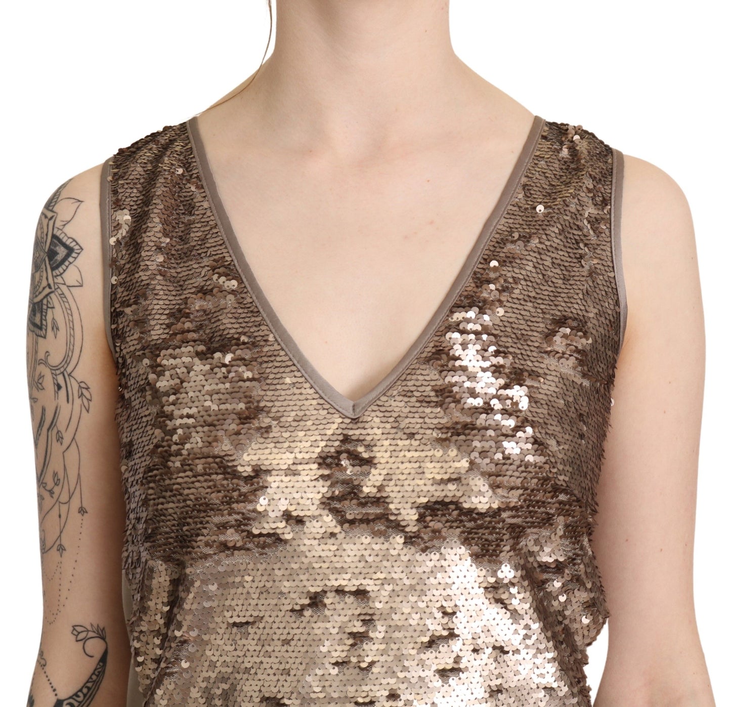 Liu Jo Brown Sequined V-neck Sleeveless Sheath Mini Dress