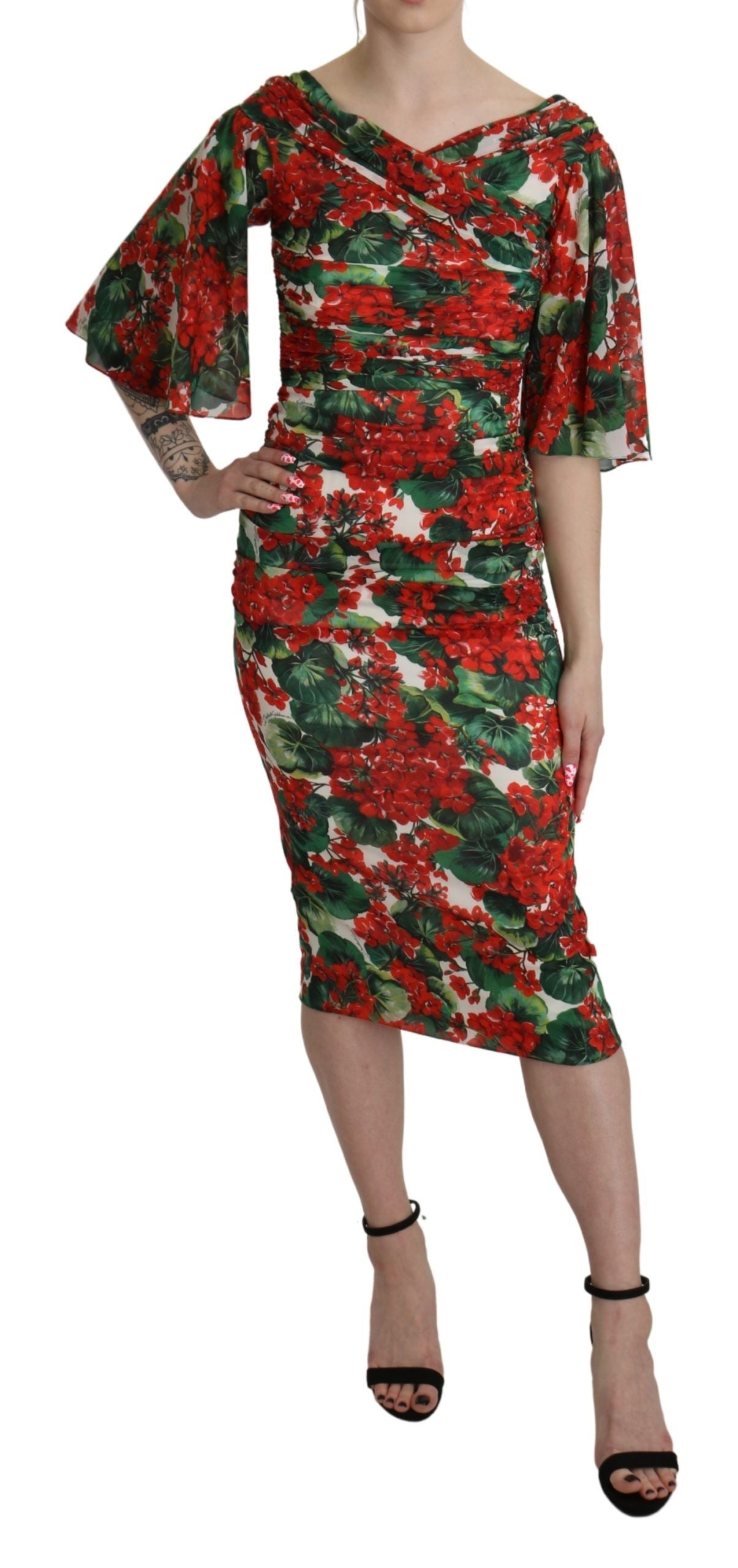 Dolce & Gabbana Red Floral Sheath Midi Silk Stretch Dress