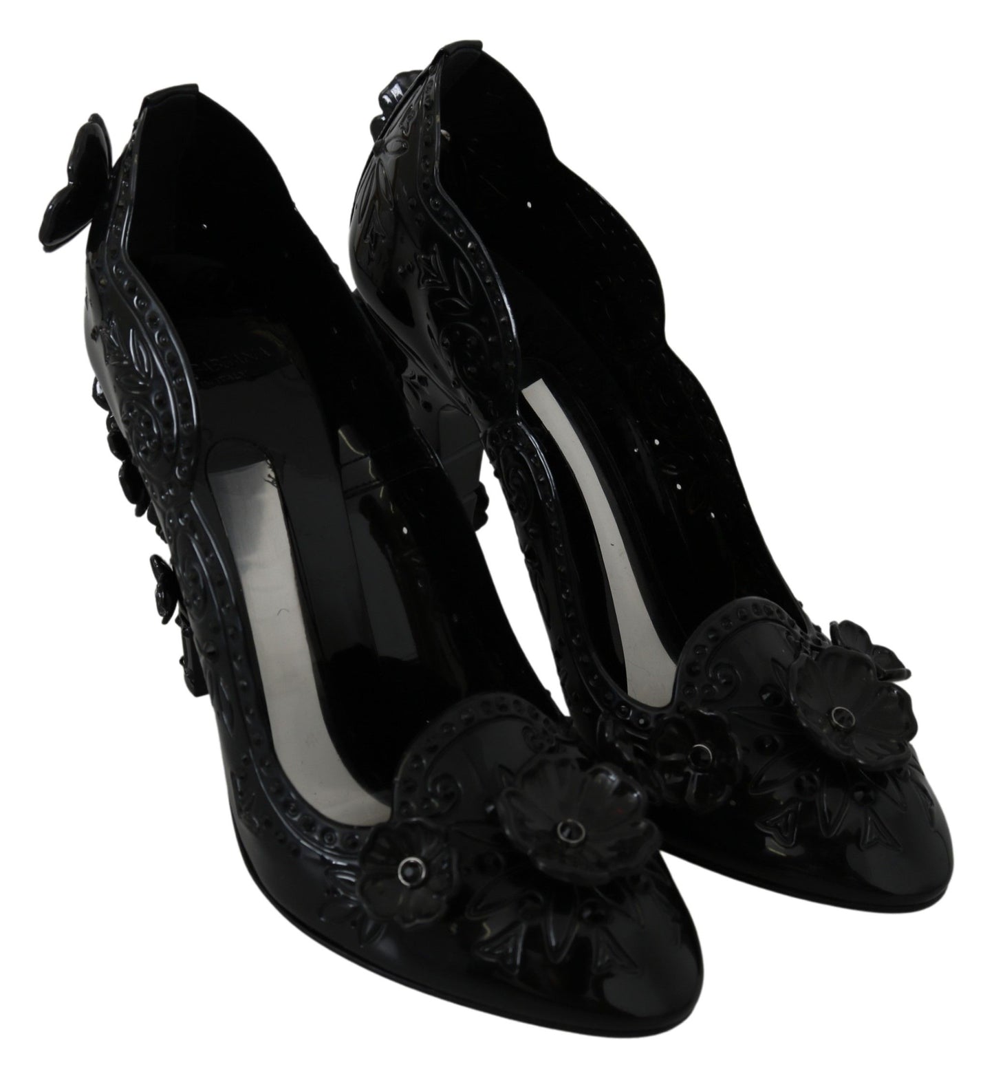 Dolce & Gabbana Black Floral Crystal CINDERELLA Heels Shoes