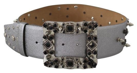 Dolce & Gabbana Silver Leather Crystal Stud Logo Buckle Belt