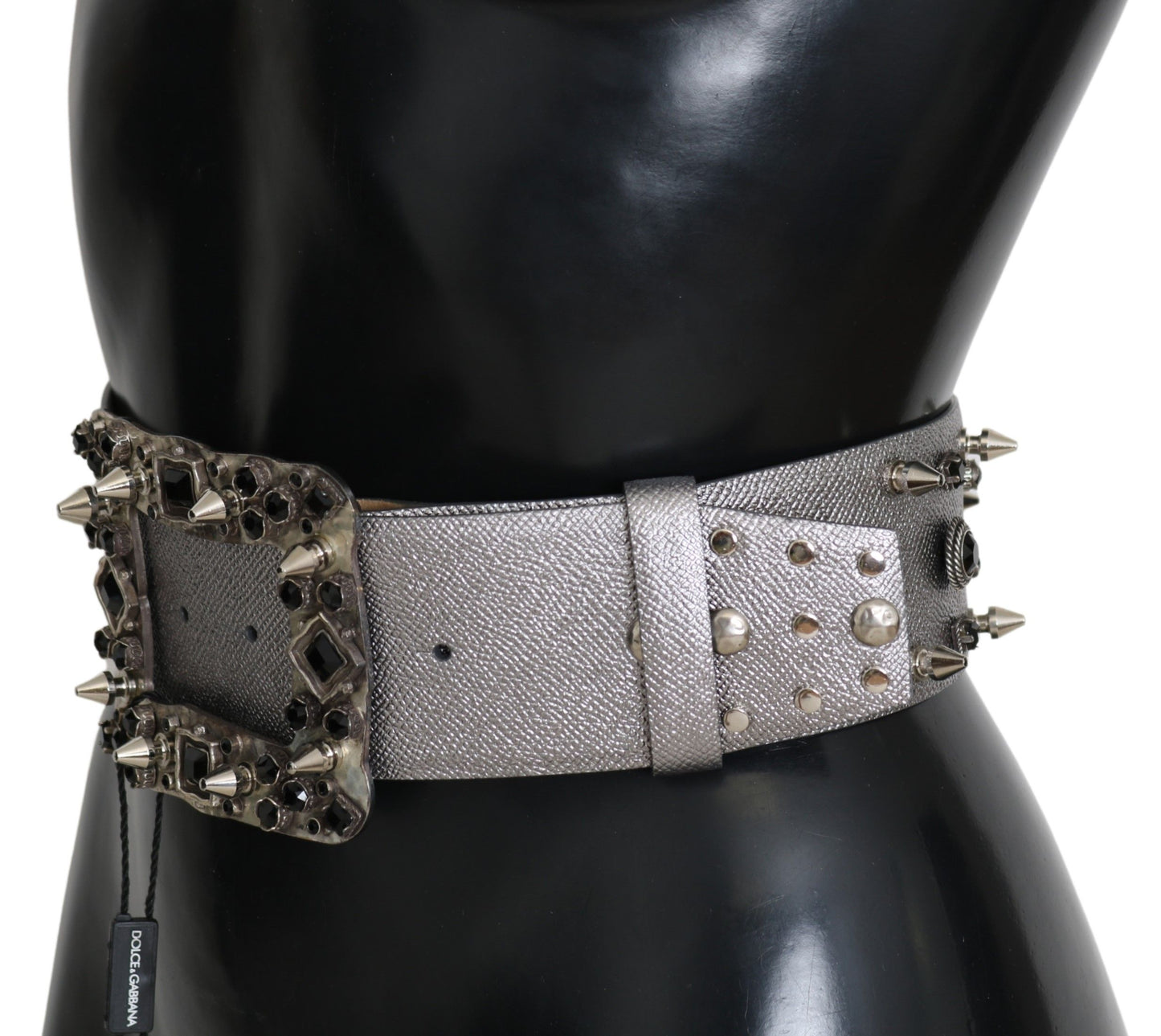 Dolce & Gabbana Silver Leather Crystal Stud Logo Buckle Belt