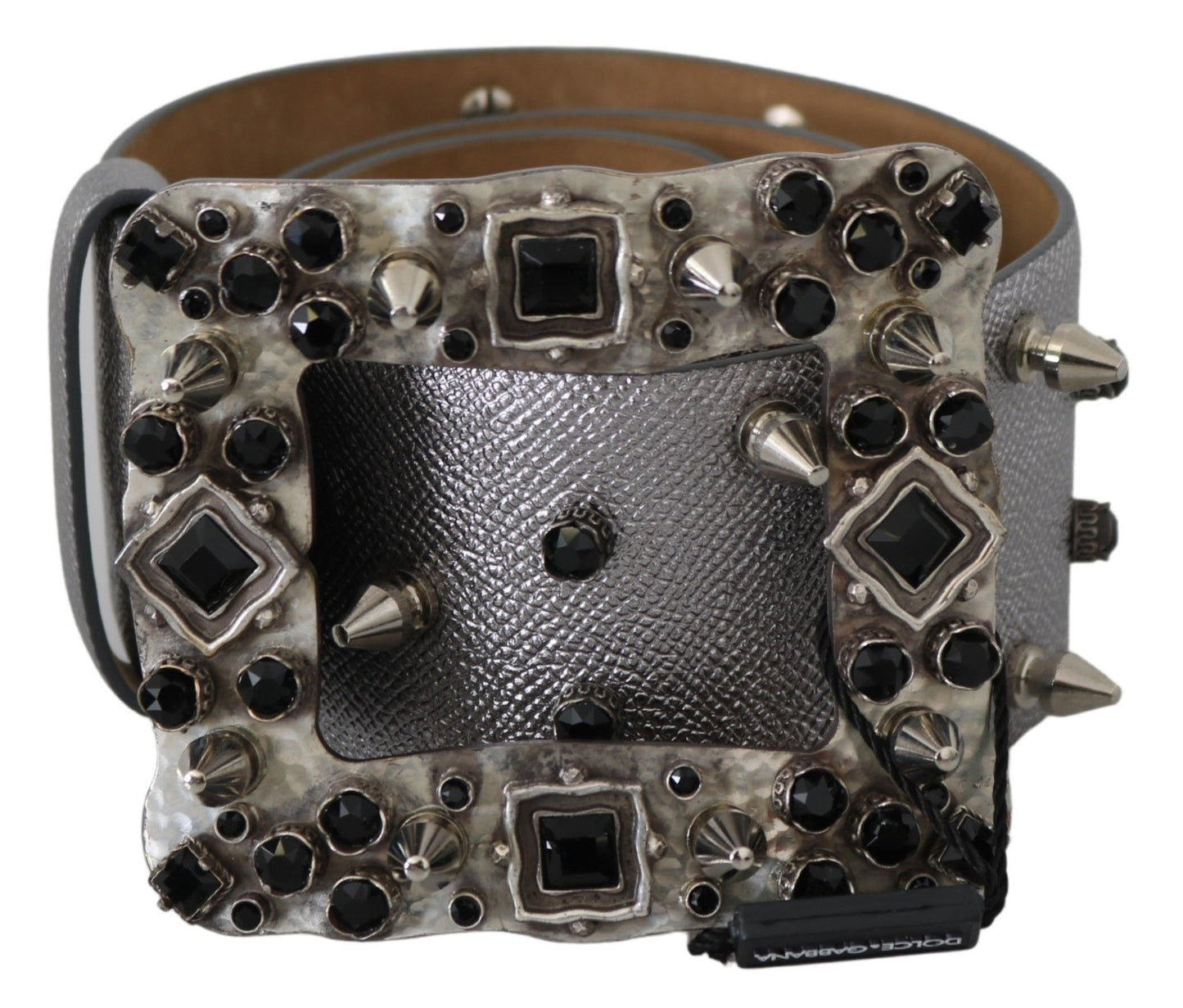 Dolce & Gabbana Silver Leather Crystal Stud Logo Buckle Belt