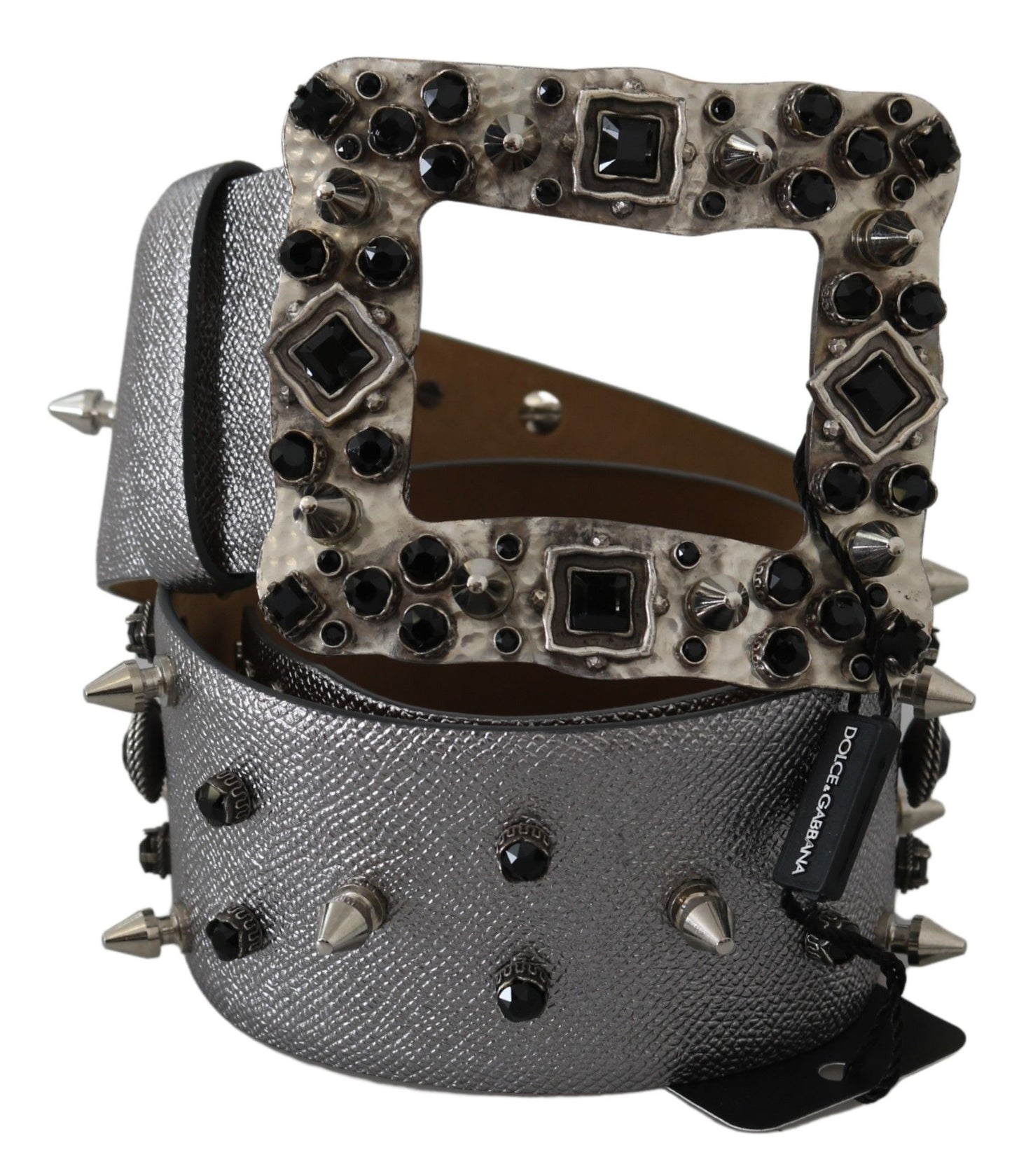 Dolce & Gabbana Silver Leather Crystal Stud Logo Buckle Belt