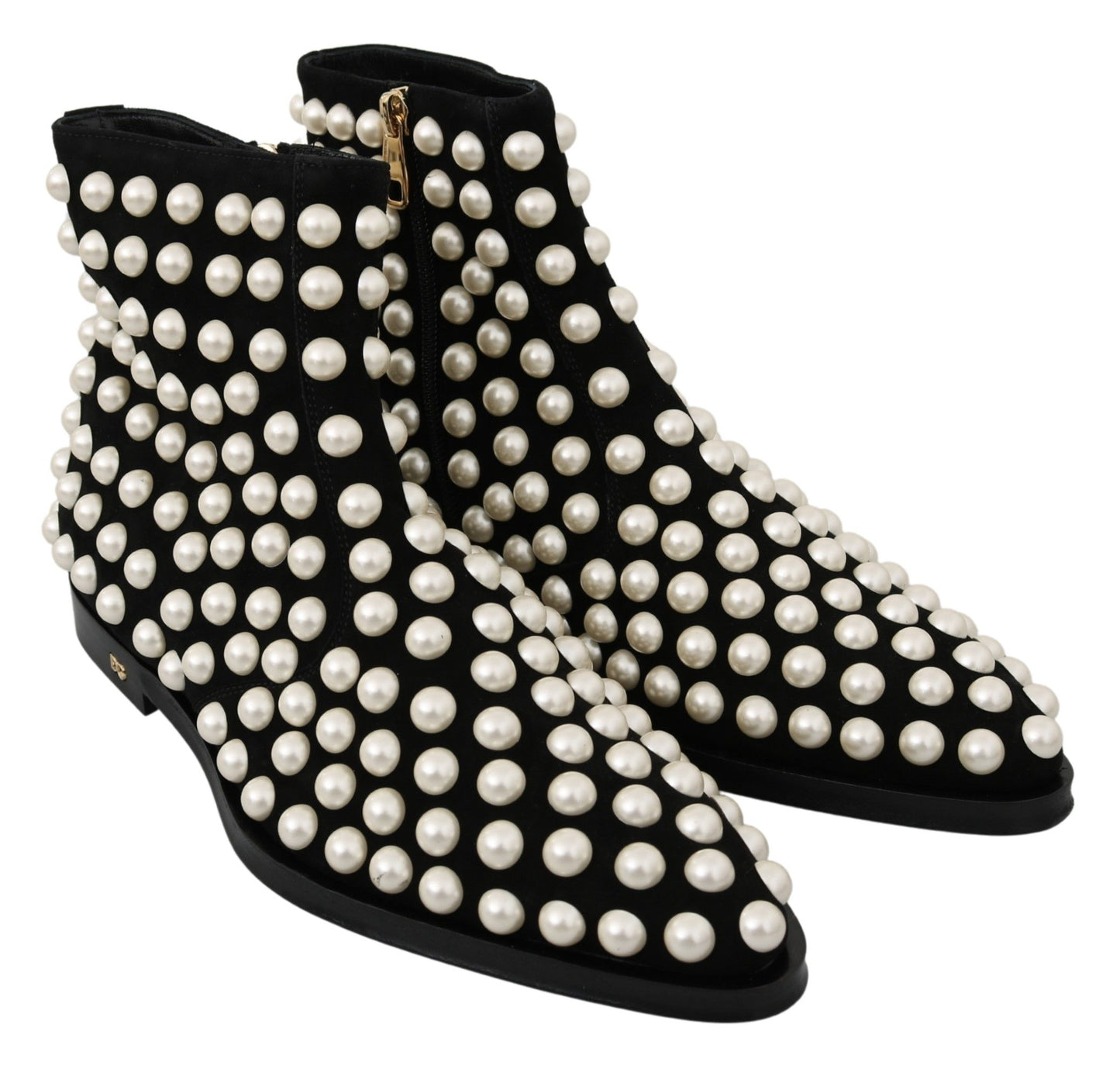 Dolce & Gabbana Black Suede Pearl Studs Boots Shoes