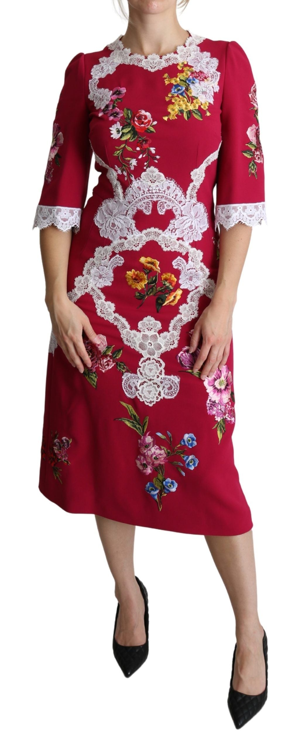 Dolce & Gabbana Red Floral Embroidered Sheath Dress