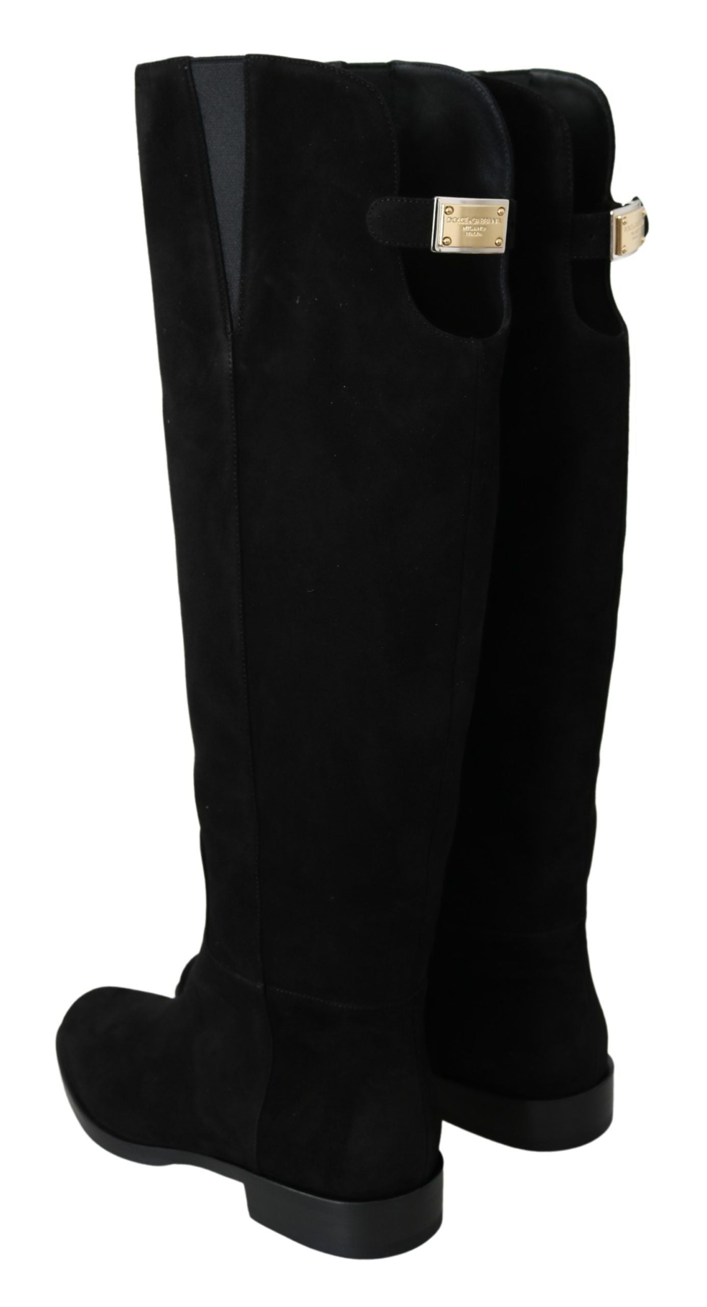 Dolce & Gabbana Black Suede Knee High Flat Boots Shoes