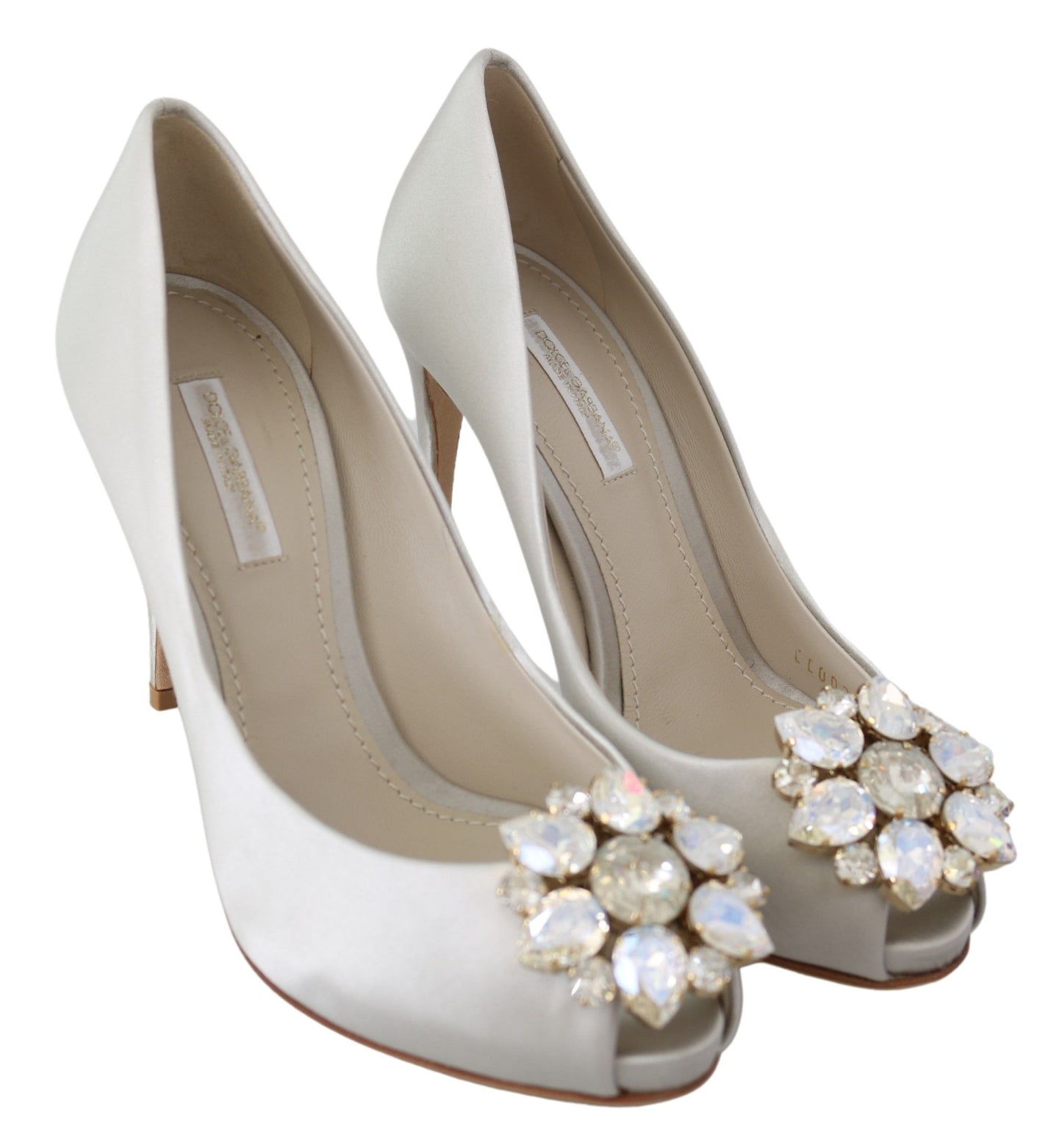 Dolce & Gabbana White Crystals Peep Toe Satin Pumps Heels Shoes