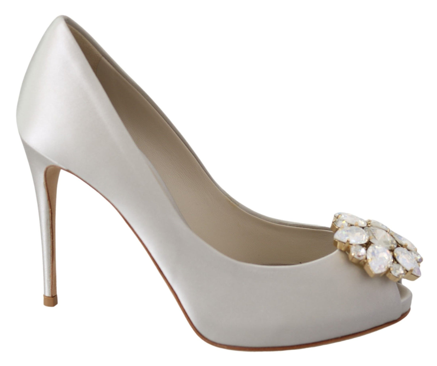 Dolce & Gabbana White Crystals Peep Toe Satin Pumps Heels Shoes