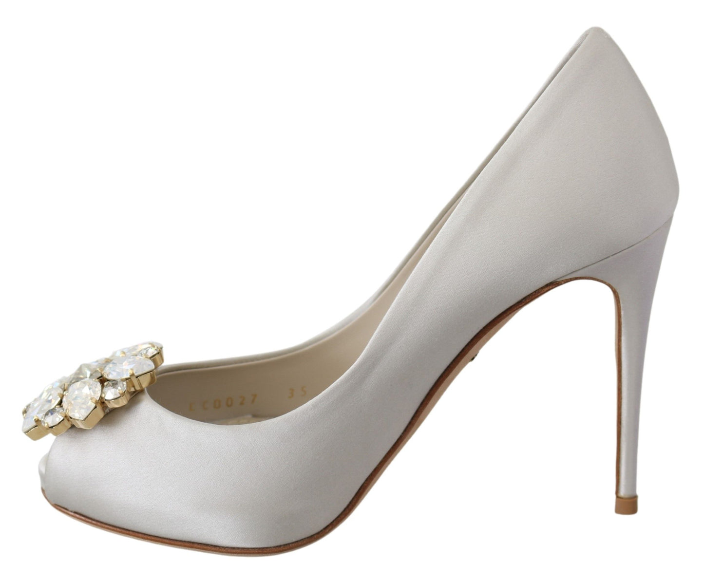 Dolce & Gabbana White Crystals Peep Toe Satin Pumps Heels Shoes