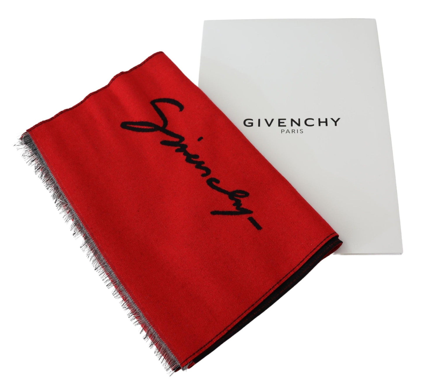 Givenchy Red Black Logo Wool Unisex Scarf